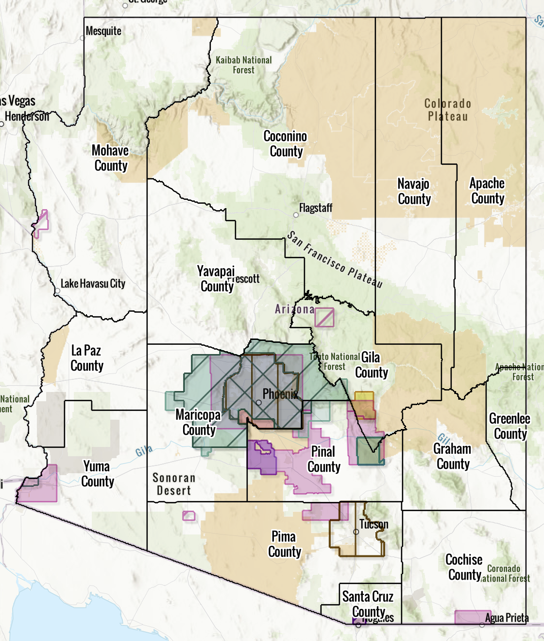 Reference map of Arizona nonattainment and maintenance areas, with county boundaries including Pima and Pinal counties