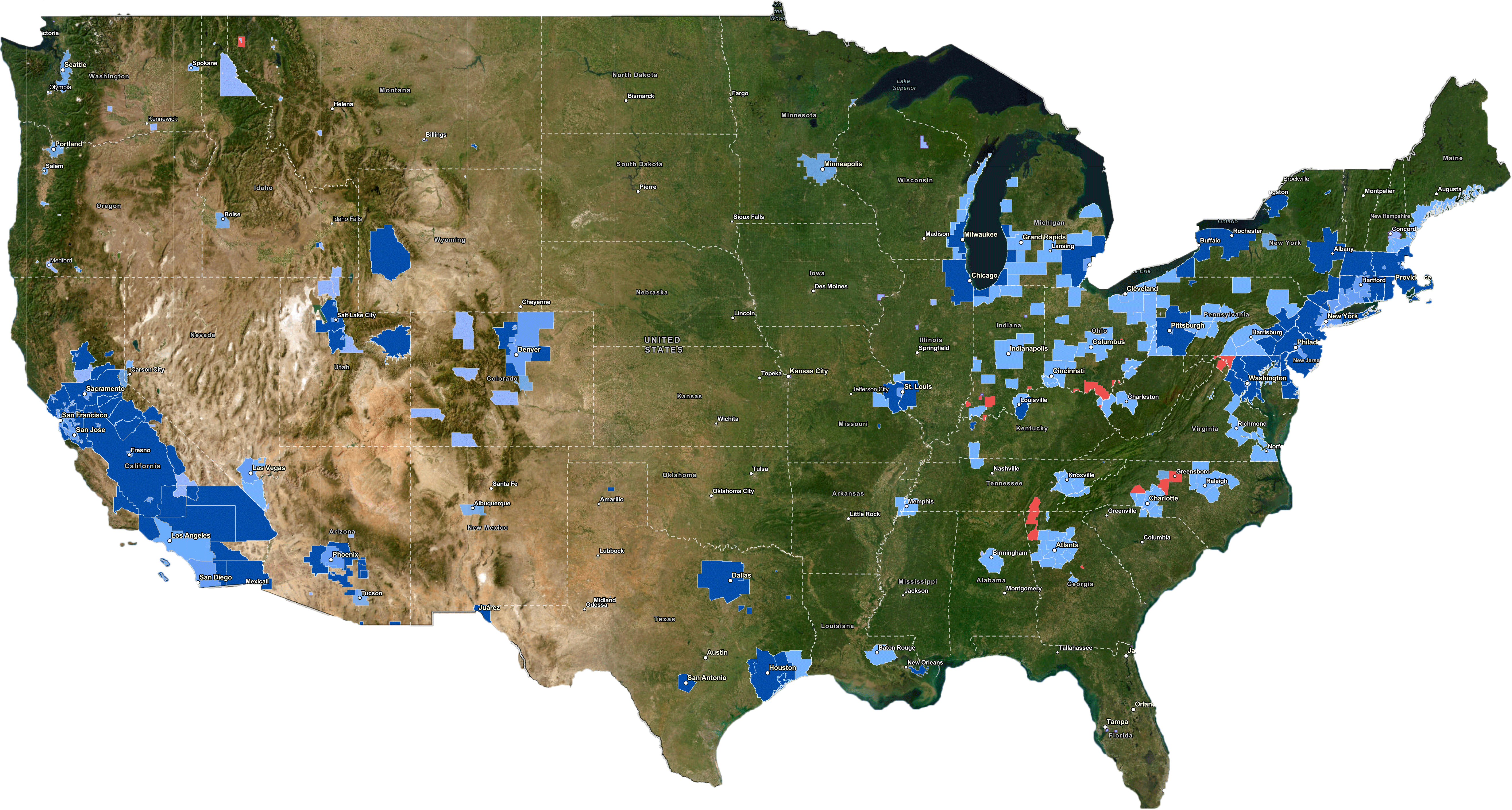 Reference map showing nonattainment and maintenance areas across the contiguous United States
