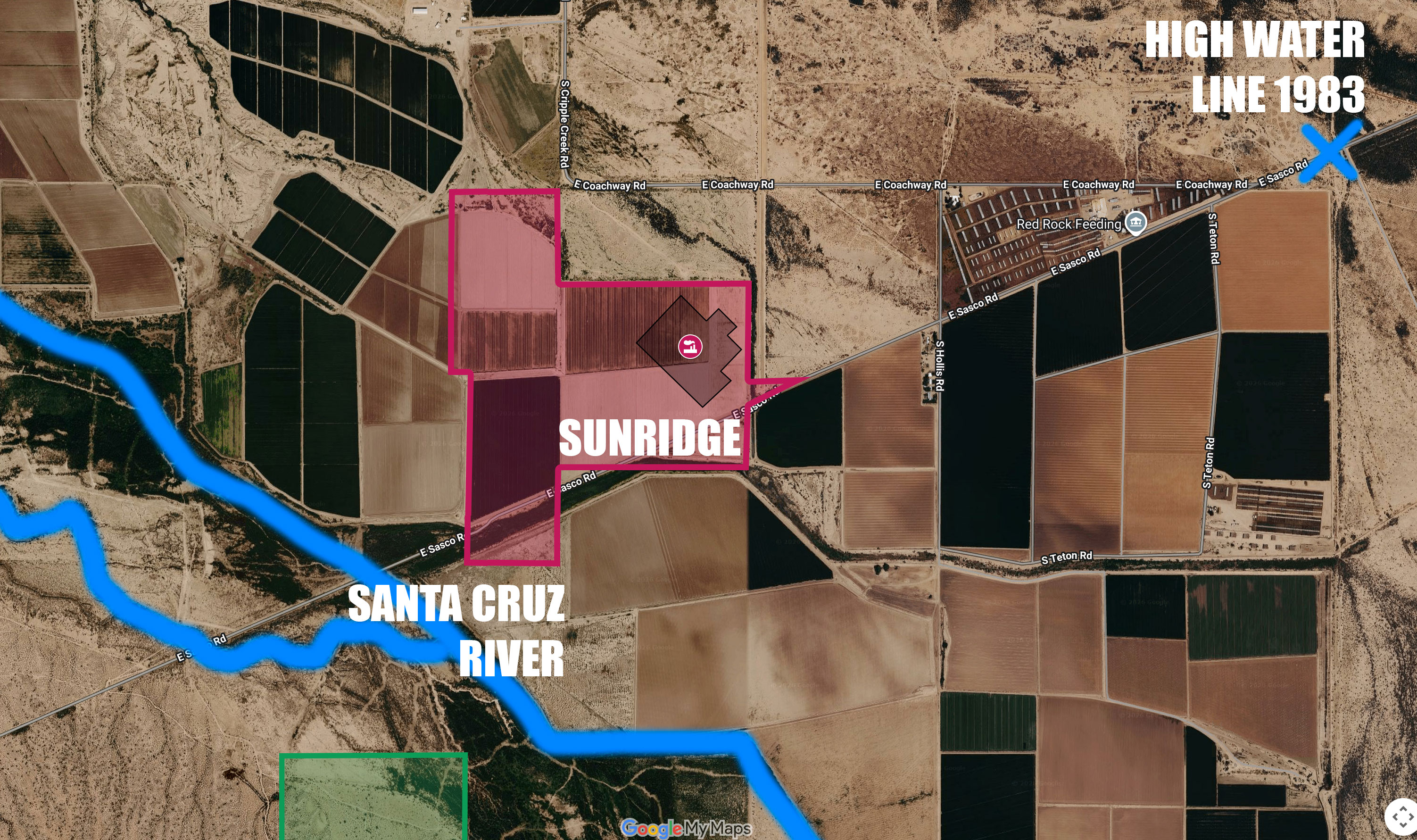 Annotated map labeled high water line 1983, with a blue X marking the high-water location witnessed near Sunridge and the Santa Cruz River