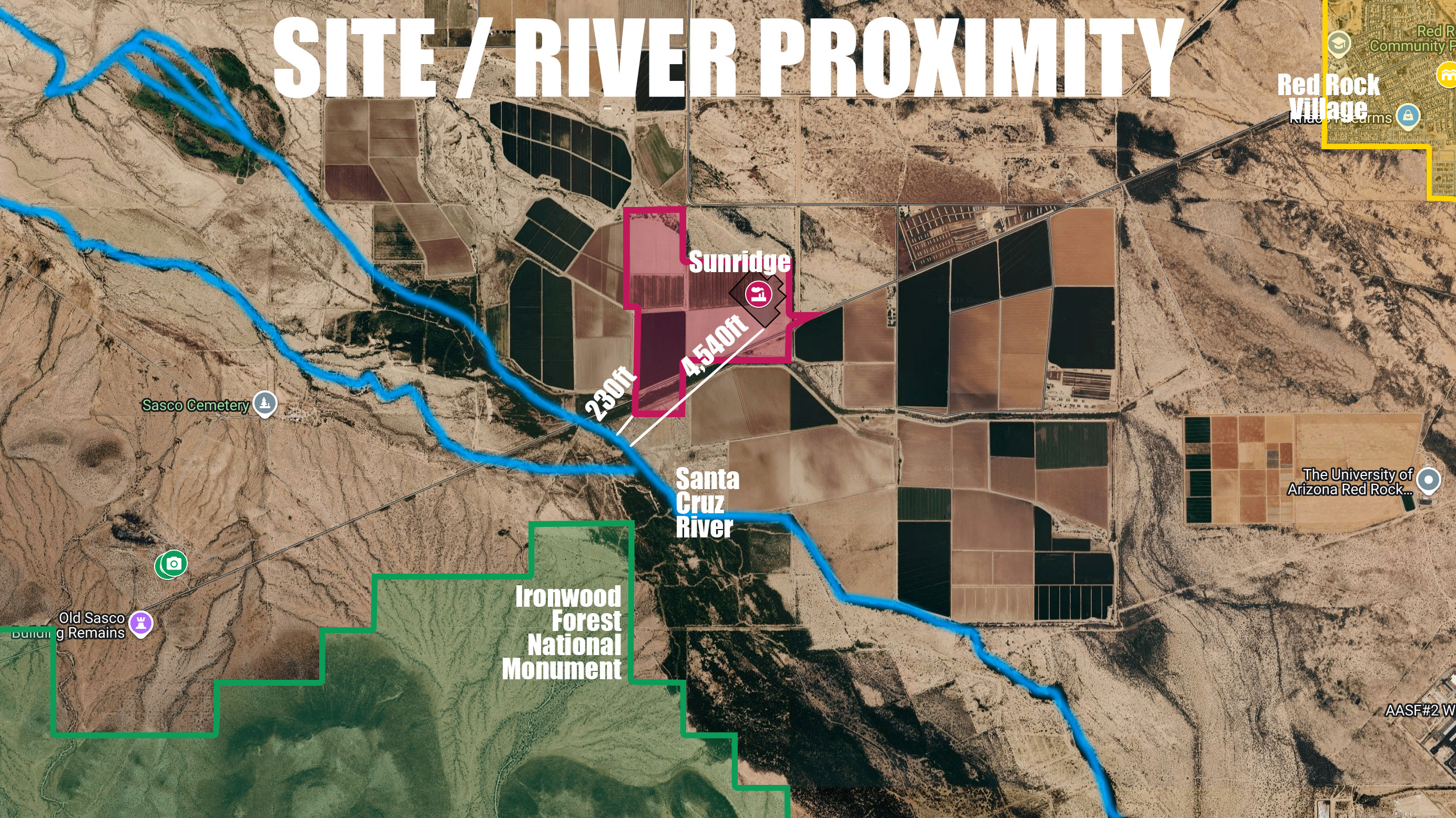 Annotated aerial map labeled site and river proximity, showing Sunridge, the Santa Cruz River, Red Rock Village, and Ironwood Forest National Monument