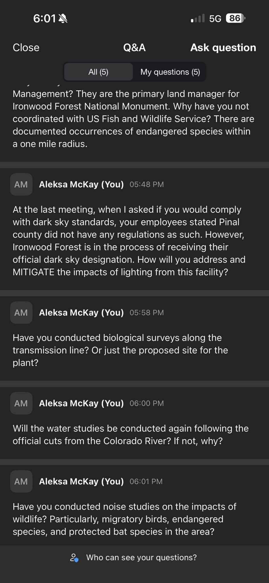 Aleksa’s Q&A screenshot 1 showing questions submitted during the community meeting