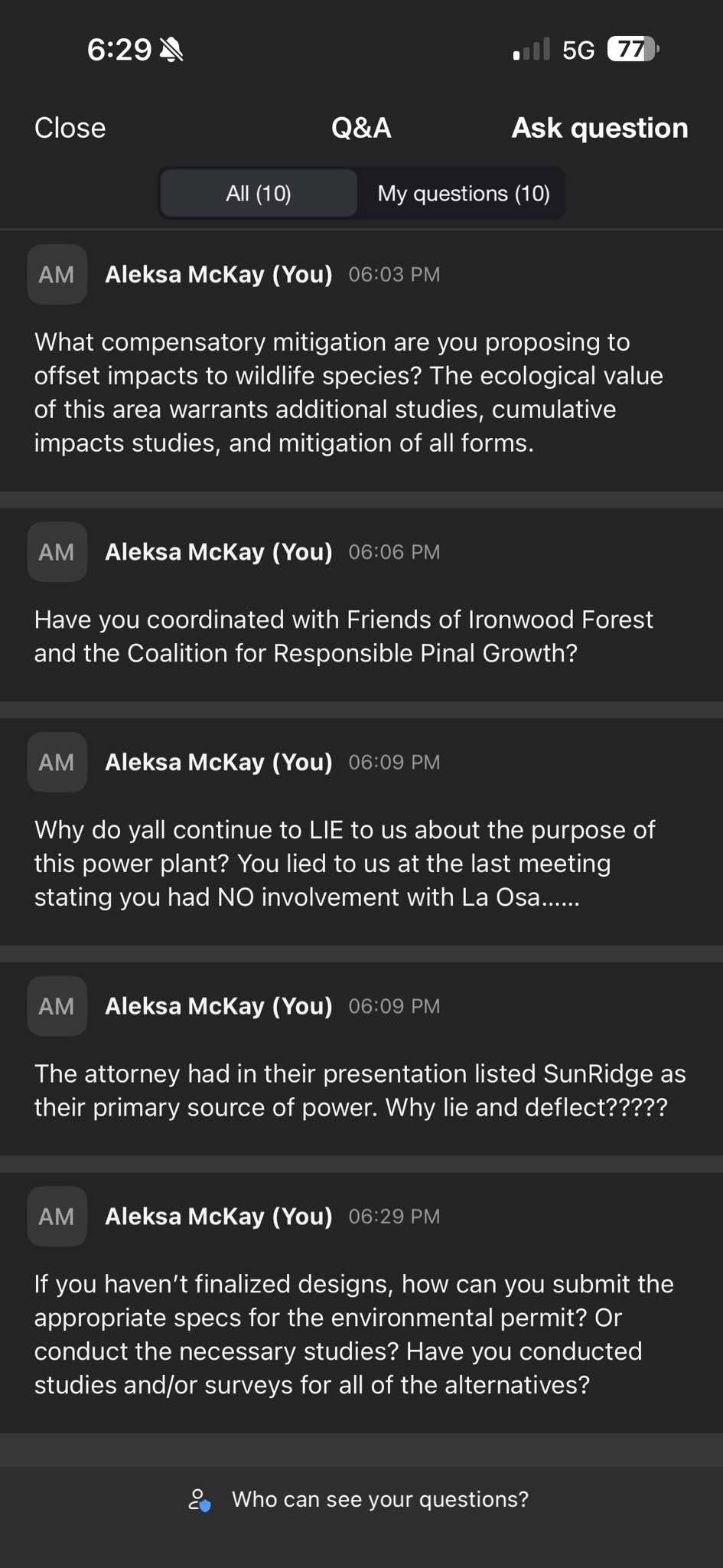 Aleksa’s Q&A screenshot 2 showing questions submitted during the community meeting