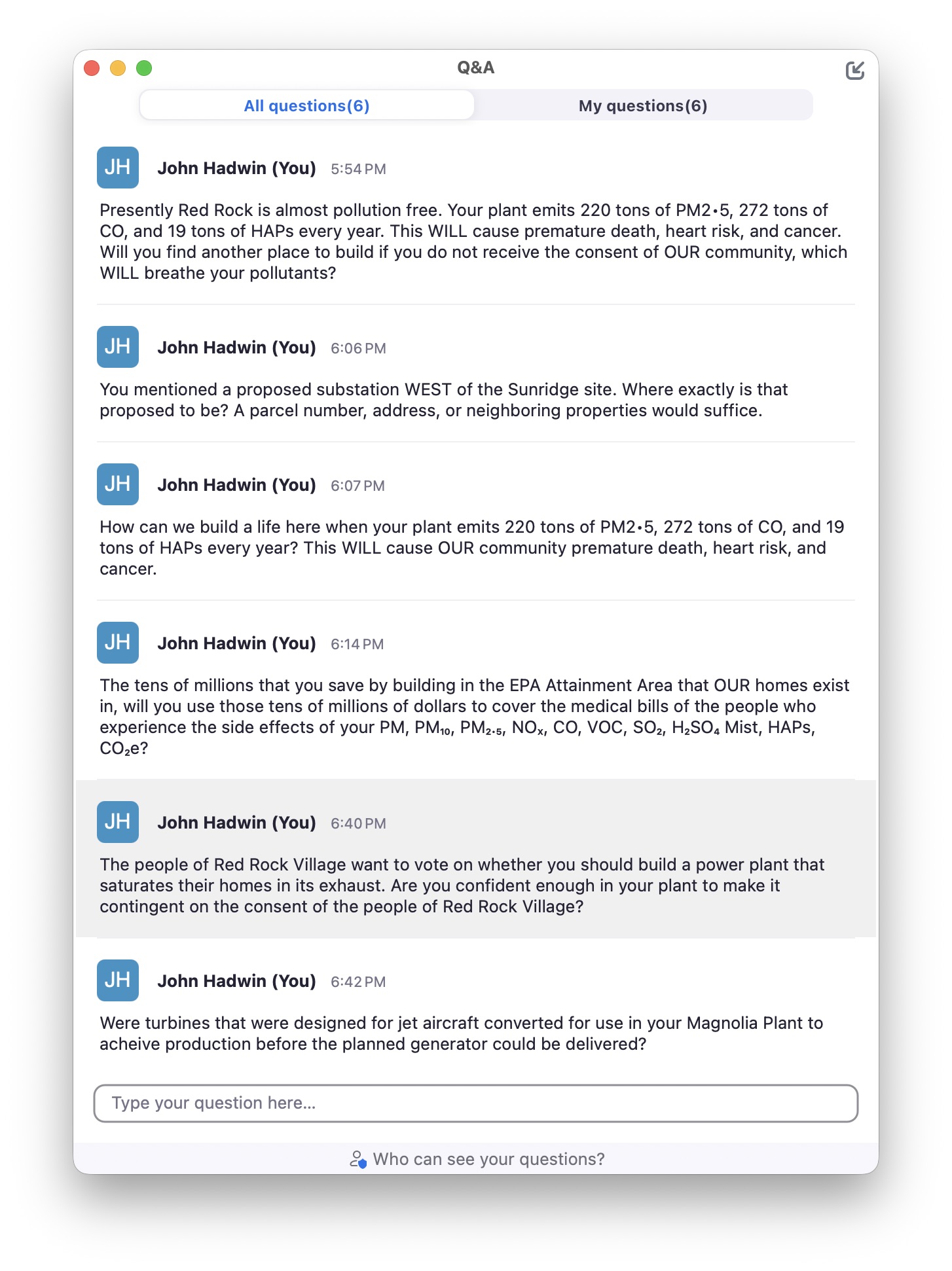 John’s Q&A screenshot 1 showing questions submitted during the community meeting
