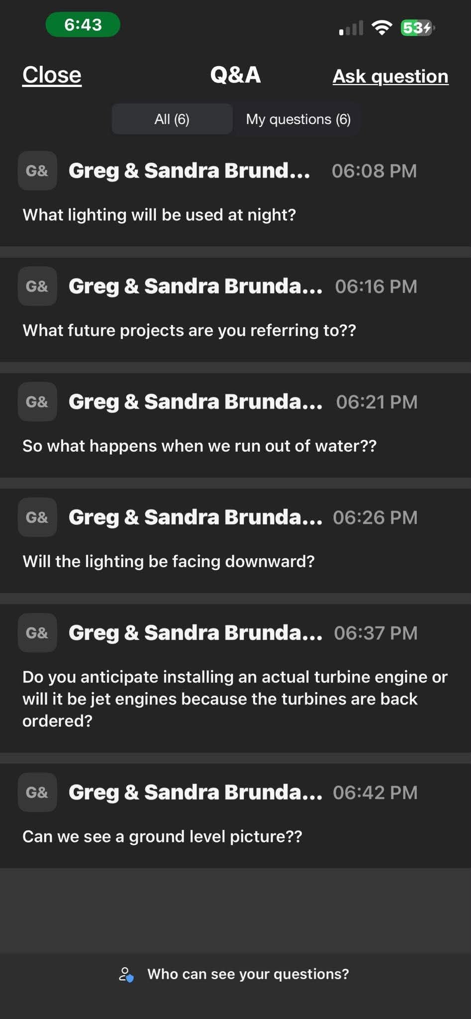 Sandie’s Q&A screenshot 1 showing questions submitted during the community meeting